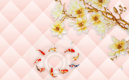 Beautiful pink flowers and fished with pattern background wall paper 3d living room bedroom TV 3D wallpaper home decoration mural wallpaper for wallsの写真素材