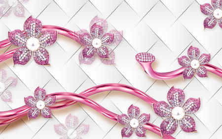 Pink jewellery flowers and pattern background wall paper 3d living room bedroom TV 3D wallpaper home decoration mural wallpaper for wallsの写真素材
