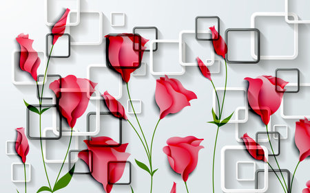 Red flowers and blocks background wall paper 3d living room bedroom TV 3D wallpaper home decoration mural wallpaper for wallsの写真素材