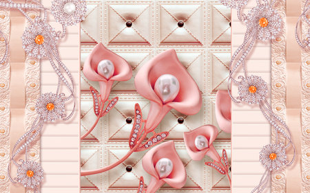 Pink artificial flowers jewellery and pattern pattern background wall paper 3d living room bedroom TV 3D wallpaper home decoration mural wallpaper for wallsの写真素材