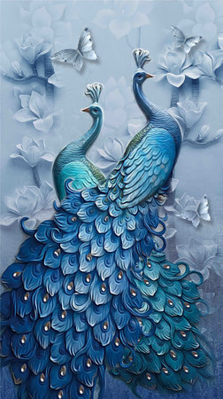 Blue peacocks with blue flowers background 3d living room bedroom TV 3D wallpaper home decoration mural wallpaper for wallsの写真素材