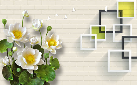 White flowers in the room with bricks background wall paper 3d living room bedroom TV 3D wallpaper home decoration mural wallpaper for wallsの写真素材