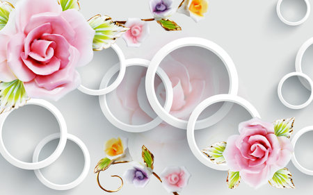 Beautiful pink flowers and circle background wall paper 3d living room bedroom TV 3D wallpaper home decoration mural wallpaper for wallsの写真素材