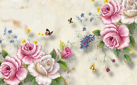 Butterflies on Beautiful pink flowers and pattern background wall paper 3d living room bedroom TV 3D wallpaper home decoration mural wallpaper for wallsの写真素材