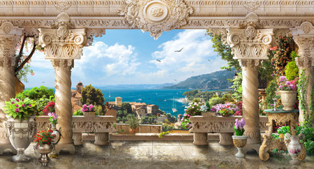 Terrace with columns overlooking the mountains and the sea with ships wall paper 3d living room bedroom TV 3D wallpaper home decoration mural wallpaper for wallsの写真素材