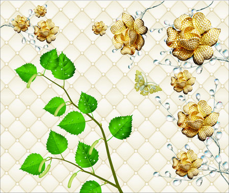 Golden flowers and green leaves pattern background wall paper 3d living room bedroom TV 3D wallpaper home decoration mural wallpaper for wallsの写真素材