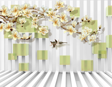 White flowers and bird on pattern background in the room wall paper 3d living room bedroom TV 3D wallpaper home decoration mural wallpaperの写真素材