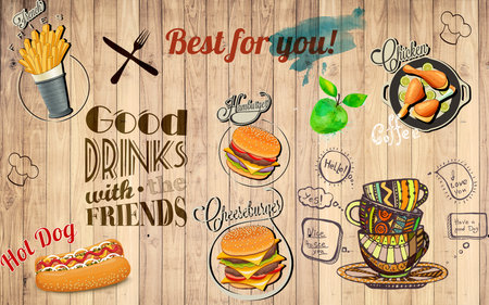 Pizza chicken coffee and snacks shop wall paper 3d living room bedroom TV 3D wallpaper home decoration mural wallpaper for wallsの写真素材