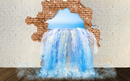 Blue water flowing in the wall with Bricks wall background for 3d living room bedroom TV 3D wallpaper home decoration mural wallpaper for wallsの写真素材