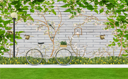 Plants and Bicycle in the garden with Bricks wall background for 3d living room bedroom TV 3D wallpaper home decoration mural wallpaper for wallsの写真素材