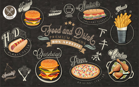 Burger , Pizza , Chicken , French Fries Chips , Sandwich Coffee. Halloween background with pumpkinの写真素材