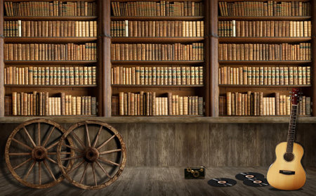 Old books in a wooden library for 3d living room bedroom TV 3D wallpaper home decoration mural wallpaper for wallsの写真素材