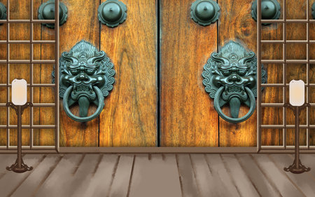 Wooden door handle and door lockの写真素材