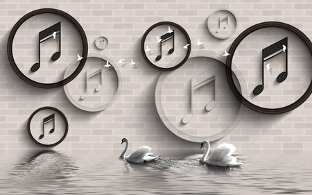 Ducks in the water and music circles with Bricks wall background for 3d living room bedroom TV 3D wallpaper home decoration mural wallpaper for wallsの写真素材