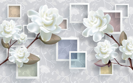 Beautiful white rose photo frame with square background for 3d living room bedroom TV 3D wallpaper home decoration mural wallpaper for wallsの写真素材