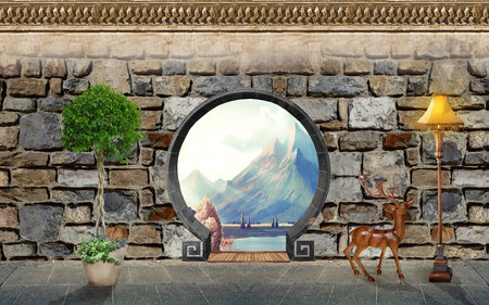 Photo of a decorated arch in a brick wall in a park among plants for 3d living room bedroom TV 3D wallpaper home decoration mural wallpaper for wallsの写真素材