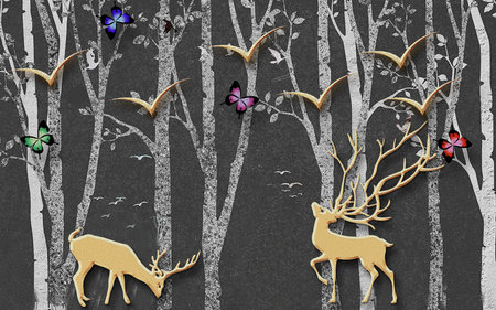 Deer, flowers and tree with texture background for 3d living room bedroom TV 3D wallpaper home decoration mural wallpaper for wallsの写真素材