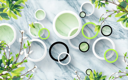 Green leaves and circles with texture background for 3d living room bedroom TV 3D wallpaper home decoration mural wallpaper for wallsの写真素材
