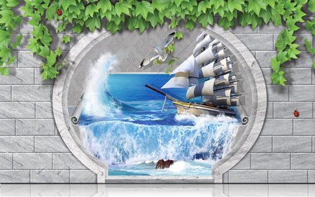 Photo of ship in the sea on the brick wall with green leaves for 3d living room bedroom TV 3D wallpaper home decoration mural wallpaper for wallsの写真素材