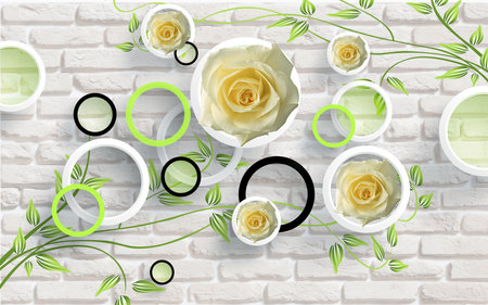 White roses and green leaves with circle and bricks wall background for 3d living room bedroom TV 3D wallpaper home decoration mural wallpaper for wallsの写真素材