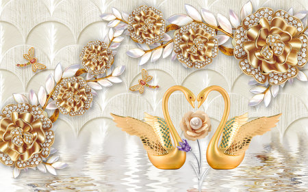 Golden jewellery flowers and ducks with water and illustration background for 3d living room bedroom TV 3D wallpaper home decoration mural wallpaper for wallsの写真素材