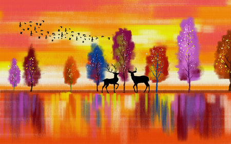 Birds and animals with trees and beach painting for 3d living room bedroom TV 3D wallpaper home decoration mural wallpaper for wallsの写真素材