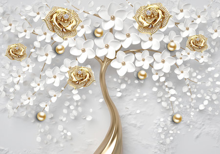 Golden wedding jewellery flowers and white flowers on tree with texture background for 3d living room bedroom TV 3D wallpaper home decoration mural wallpaper for wallsの写真素材