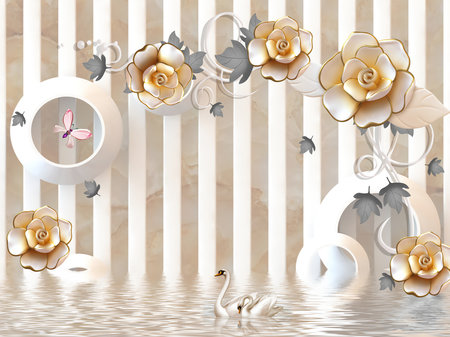 White yellow flowers on branch and duck in water with circle illustration background for 3d living room bedroom TV 3D wallpaper home decoration mural wallpaper for wallsの写真素材