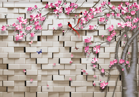 Butterfly and flowers on tree with brick wall background for 3d living room bedroom TV 3D wallpaper home decoration mural wallpaper for wallsの写真素材