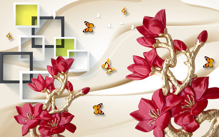 Red flowers on branches with butterfly and square abstract background for 3d living room bedroom TV 3D wallpaper home decoration mural wallpaper for wallsの写真素材