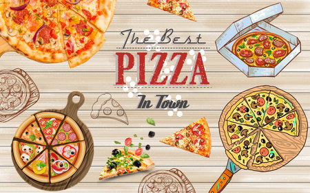 Restaurant Wood Board Pizza Background Wallpaper, icons set of pizza labelsの写真素材