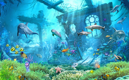 Blue underwater scene with fishes, dolphins and sea animals for 3d living room bedroom TV 3D wallpaper home decoration mural wallpaper for wallsの写真素材