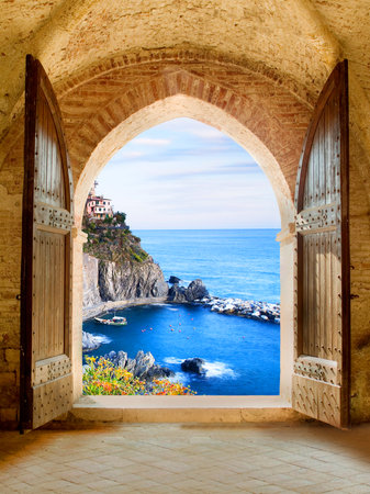 View of the sea from the castle for 3d living room bedroom TV 3D wallpaper home decoration mural wallpaper for wallsの写真素材