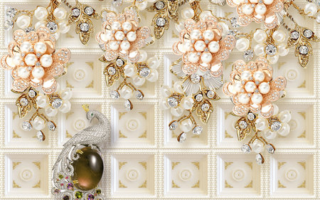 Golden flowers jewellery and peacock with seamless floral abstract background for 3d living room bedroom TV 3D wallpaper home decoration mural wallpaper for wallsの写真素材