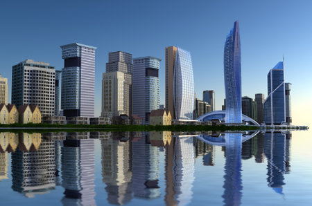 Skyscrapers buildings Illinois with beach and blue sky for 3d living room bedroom TV 3D wallpaper home decoration mural wallpaper for wallsの写真素材