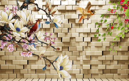 Flowers and birds on the brick wall background for 3d living room bedroom TV 3D wallpaper home decoration mural wallpaper for wallsの写真素材