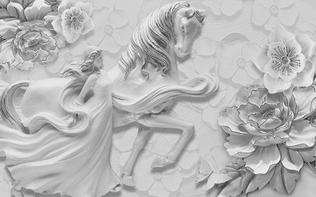 Hand drawn sketch of a horse and woman with flower background for 3d living room bedroom TV 3D wallpaper home decoration mural wallpaper for wallsの写真素材