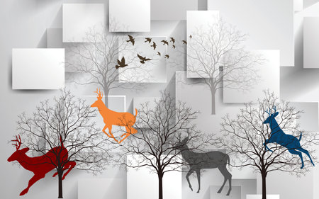Birds and animals with trees and square block background for 3d living room bedroom TV 3D wallpaper home decoration mural wallpaper for wallsの写真素材