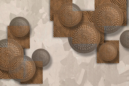 Golden circle decoration on wooden illustration background for 3d living room bedroom TV 3D wallpaper home decoration mural wallpaper for wallsの写真素材