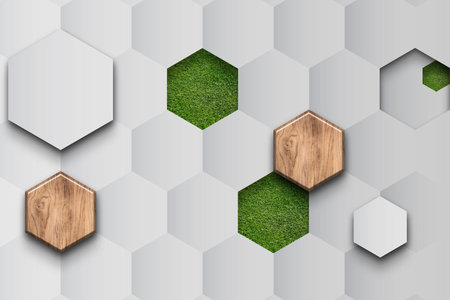 Abstract green background with hexagons illustration for 3d living room bedroom TV 3D wallpaper home decoration mural wallpaper for wallsの写真素材