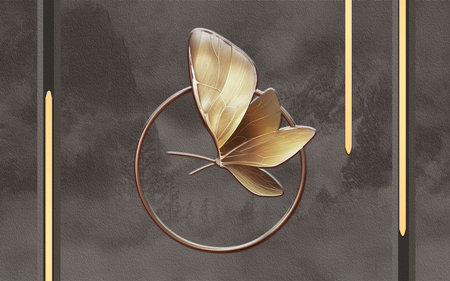 Golden butterfly on circle with black, grey texture background for 3d living room bedroom TV 3D wallpaper home decoration mural wallpaper for wallsの写真素材