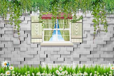 Balcony with white flowers and green leaves on brick wall background for 3d living room bedroom TV 3D wallpaper home decoration mural wallpaper for wallsの写真素材