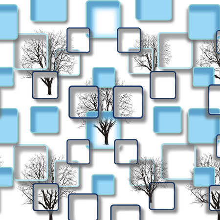 White and blue squares and trees abstract illustration background for 3d living room bedroom TV 3D wallpaper home decoration mural wallpaper for wallsの写真素材