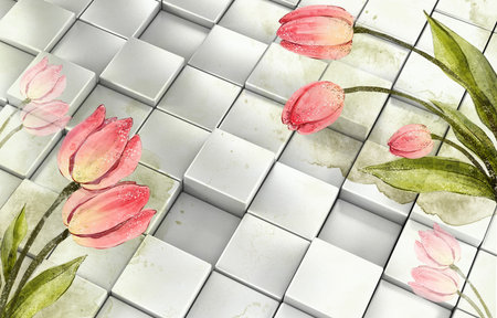 Red rose petals on the square box floor background for 3d living room bedroom TV 3D wallpaper home decoration mural wallpaper for wallsの写真素材