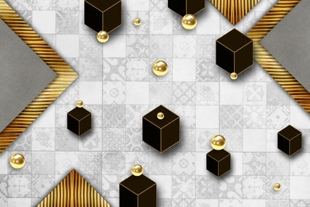 Abstract background with pearls and black square triangles with illustration background for 3d living room bedroom TV 3D wallpaper home decoration mural wallpaper for wallsの写真素材