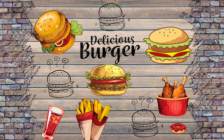 Burger, fries, chicken and eatable cafe banner with brick wall texture background for shop and marketの写真素材