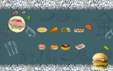 Burger, fries, cakes, tomato, coffee and eatable cafe banner with stone texture background for shop and marketの写真素材