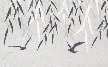Birds flying, leaves on branches with abstract texture background for 3d living room bedroom TV 3D wallpaper home decoration mural wallpaper for wallsの写真素材