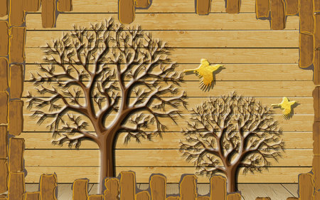 Tree in the garden and bird flying with wooden texture background for 3d living room bedroom TV 3D wallpaper home decoration mural wallpaper for wallsの写真素材