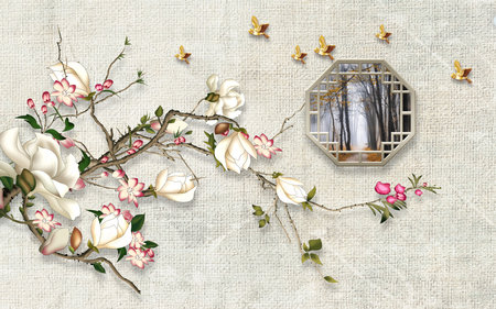 Birds flying, Bouquet of flowers on the branches with abstract texture background for 3d living room bedroom TV 3D wallpaper home decoration mural wallpaper for wallsの写真素材